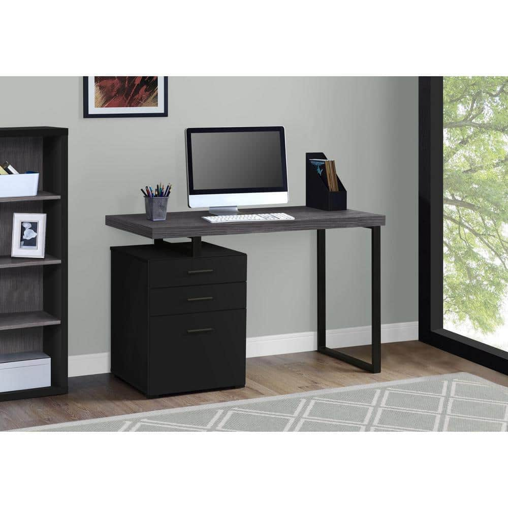 HomeRoots 48 in. Rectangular Black/Gray 3 Drawer Computer Desk with ...