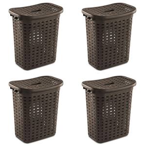 Plastic Wicker Weave Dirty Clothes Laundry Hamper Bin and Lid (4-Pack)
