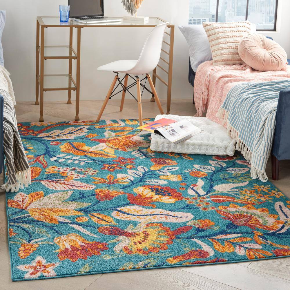 Allur Turquoise Multicolor Floral Synthetic 5' x 7' Area Rug