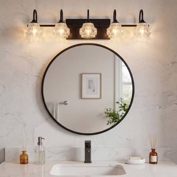 29 in. 5 Light Black Finish Vanity Light Fixture Bathroom Over Mirror Wall Lights with Crystal Glass Shade
