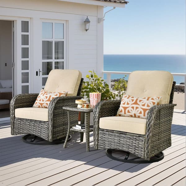 Noah Gray 3-Piece Wicker Outdoor Patio Conversation Furniture Set with Swivel Chairs, Side Table, Beige Cushions