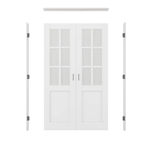 48 in. x 80 in. 6-Lite Frosted Glass Universal White Solid Core Glass Double Prehung French Door+ Quick Jamb&Ball Catch