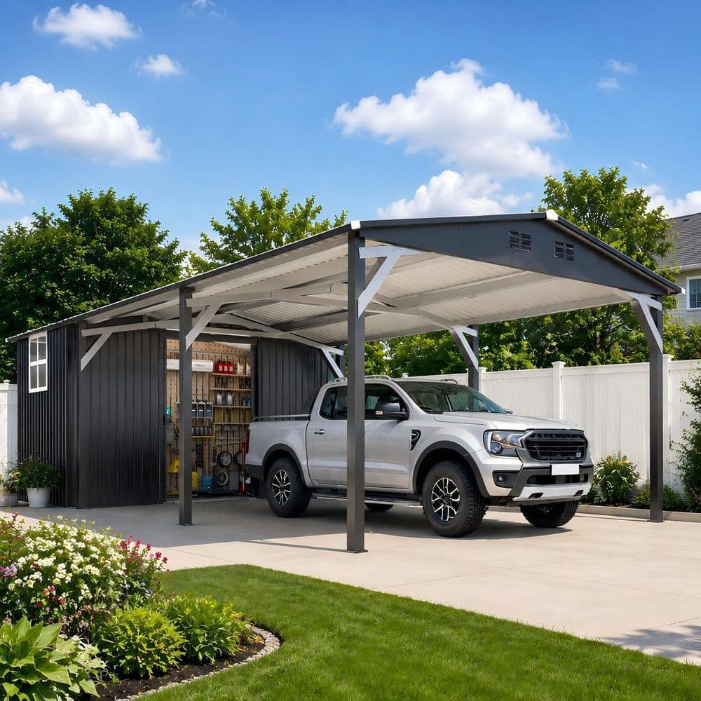 AECOJOY 12 ft. W x 23 ft. D Metal Carport with Storage Shed