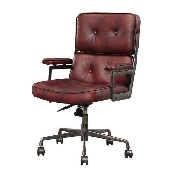 Benjara Red and Gray Faux Leather Upholstered Metal Swivel Executive Chair with Armrest