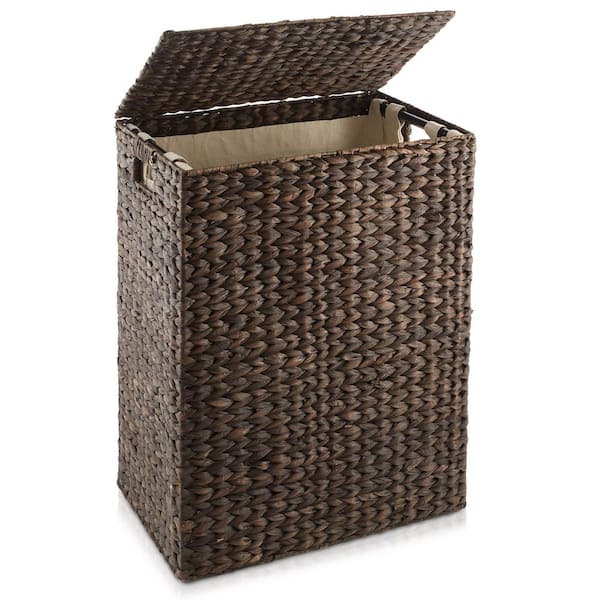 Casafield Brown Espresso 18.5 in. x 24 in. Wicker Water Hyacinth Decorative Baskets Large Laundry Hamper with Lid and Liner