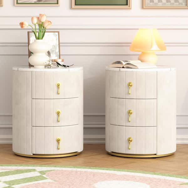 CSC DECOR INC 2 Pack Beige 3 Drawer Round Upholstered Nightstands Marbling Stickers Top Side Table Fully Assembled Except Handles