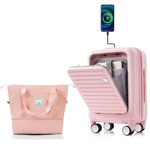 Front Opening 2-Piece Pink 20 in. ABS Hardshell Spinner Luggage Set with Expandable Travel Bag, USB Ports, Cup Holder