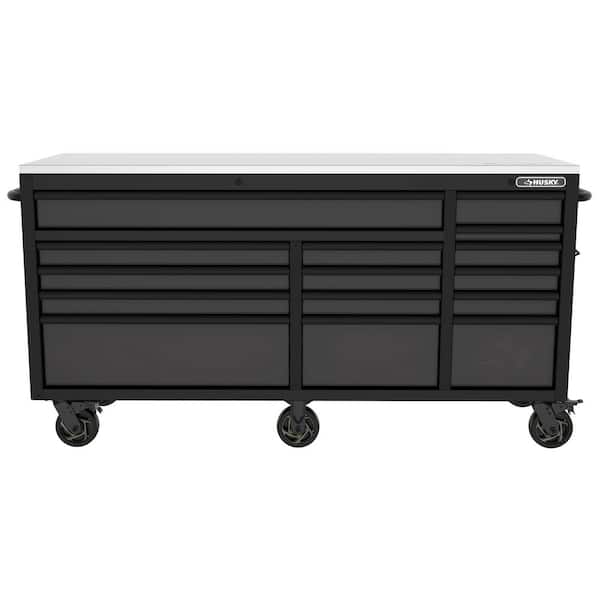Heavy-Duty 72 in. W15-Drawer Matte Black Mobile Workbench Cabinet with Stainless Steel Top