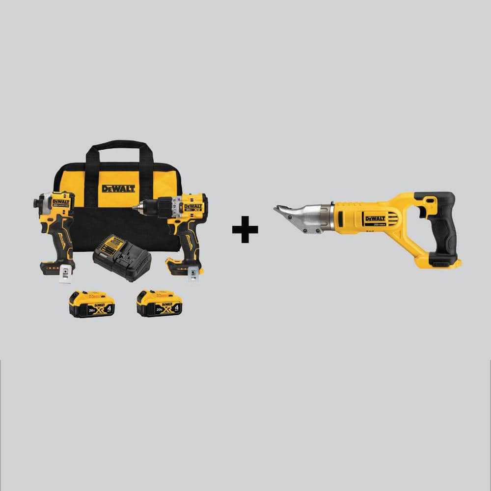 DEWALT 20V MAX XR Hammer Drill and ATOMIC Impact Driver Cordless Combo Kit (2-Tool) and 18-GA Shears w/(2) 4Ah Batteries