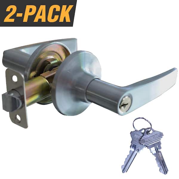 Premier Lock Satin Nickel Light Commercial Duty Entry Door Handle Lock Set with 4 Keys Total, (2-Pack, Keyed Alike)