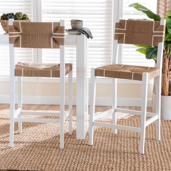 Talli 29.2 in. White Wood Bar Stool with Woven Seat (Set of 2)