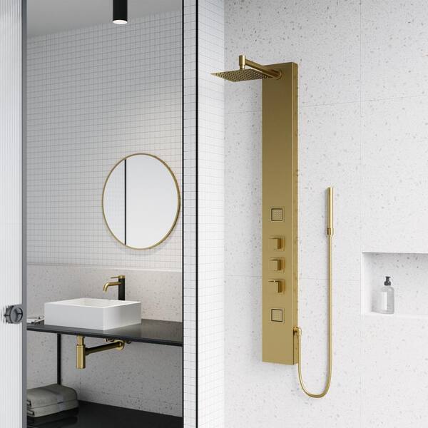 Rector 55 in. H x 6 in. W 2-Jet Shower Panel System with Square Head and Hand Shower Wand in Matte Brushed Gold