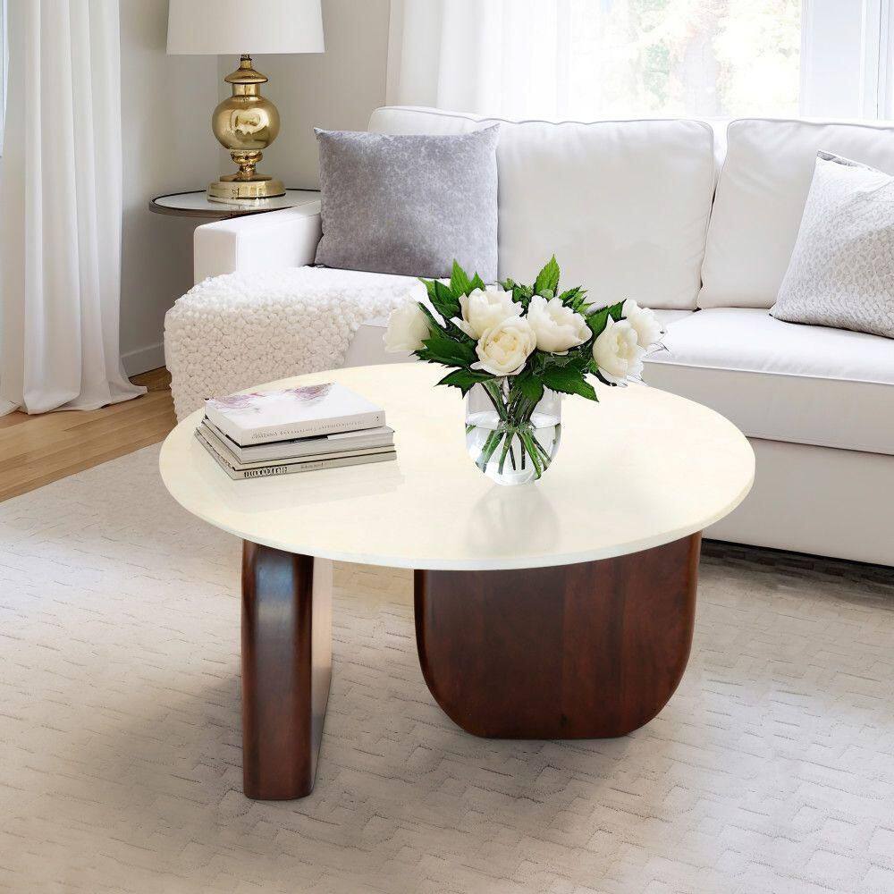 Round Walnut and White Marble Coffee Table, 30"