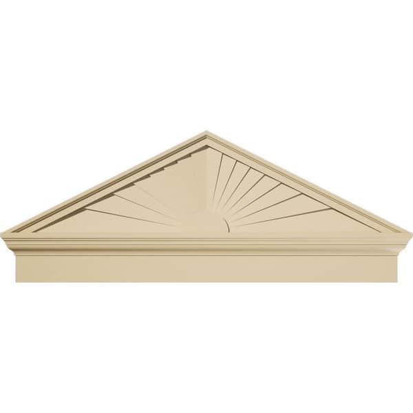 Ekena Millwork 46 in. W x 18-3/8 in. H x 2-3/4 in. P Pitch 6/12 Peaked Cap Sunburst Signature Urethane Combination Pediment Primed Tan