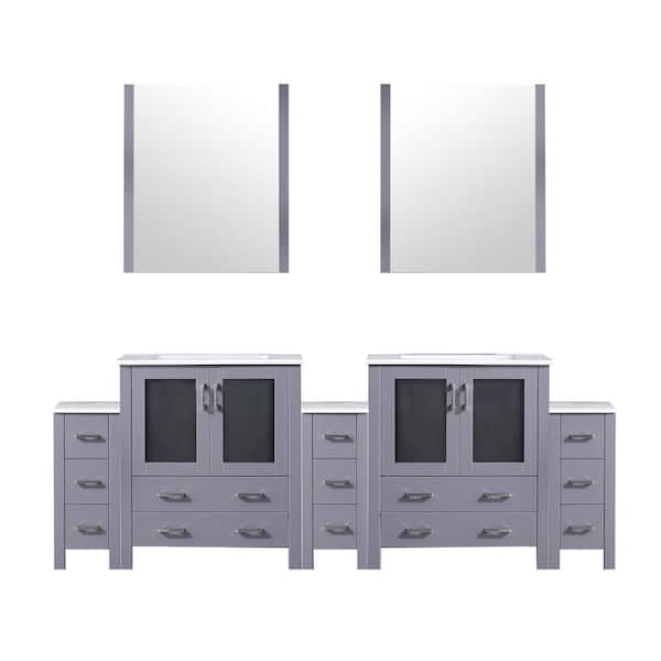 Volez 96 in. W x 18.25 in. D Dark Grey Double Bath Vanity with Side Cabinets, White Ceramic Top, and 28 in. Mirrors