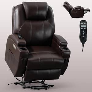 35 in. W Brown Faux Leather Power Lift Recliner Chair with Massage, Heating, Two Cup Holders and USB Charge Port