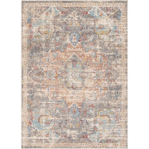 Well Woven Miro Caen Grey Red Rust 7 ft. 10 in. x 9 ft. 10 in. Vintage Bohemian Medallion Oriental Botanical Area Rug
