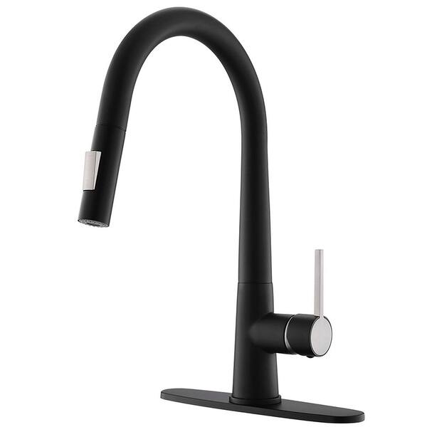 matrix decor Single Handle Deck Mount Gooseneck Pull Down Sprayer Kitchen Faucet with Deckplate and Handles in Black