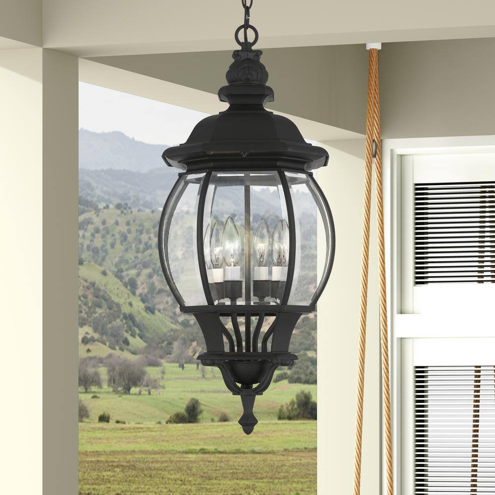 Frontenac Textured Black Outdoor Pendant Lantern with Clear Beveled Glass