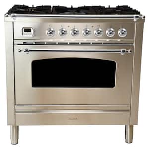 36 in. 3.55 cu. ft. Single Oven Dual Fuel Italian Range True Convection,5 Burners ,LP Gas, Chrome Trim/Stainless Steel