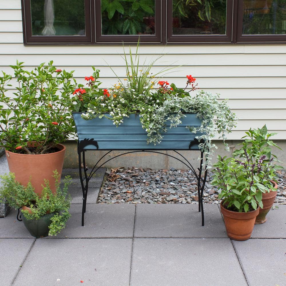 Nantucket Blue Galvanized Steel Flower Planter Box with Iron Stand