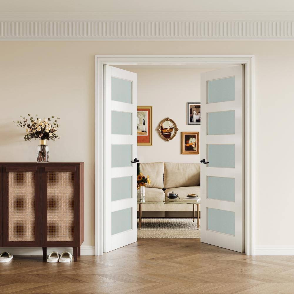 56 in. x 80 in. White Frosted Glass Solid Core MDF Double Prehung French Door