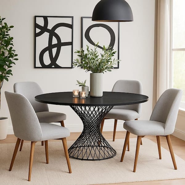 Benjara Black Wood Round 54 in. Pedestal Base Dining Table Seats 4