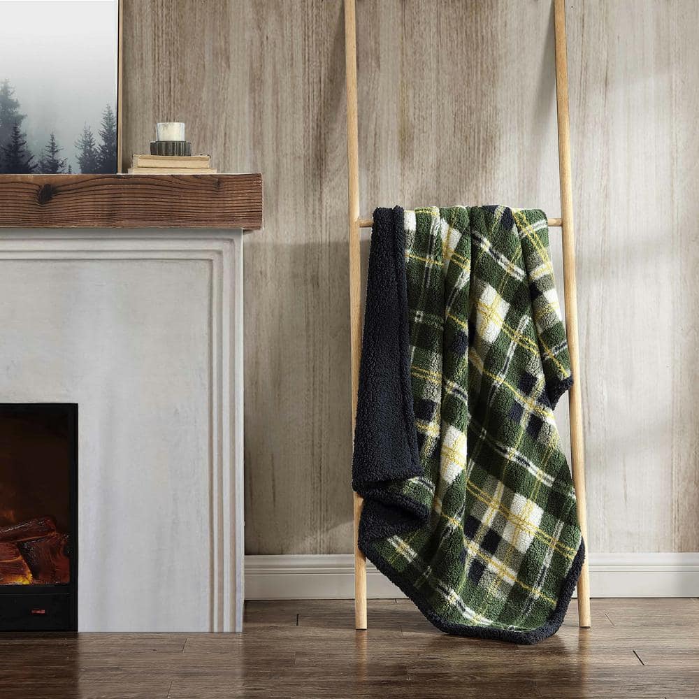 Trailhead Plaid Green Sherpa Fleece Reversible Throw Blanket