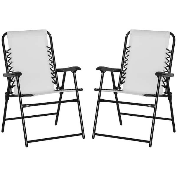 Otryad Set of 2-Cream White Metal Folding Lawn Chairs Portable Outdoor Patio Chairs with Mesh Fabric and Anti-Slip Foot Pads