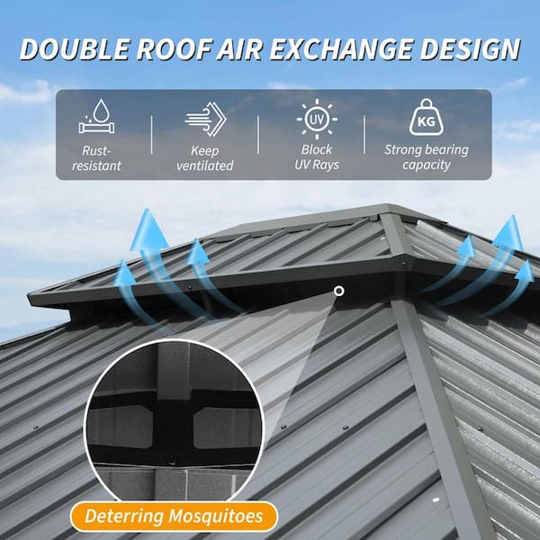 10 ft. x 14 ft. Outdoor Gray Aluminum Frame Galvanized Steel Hardtop Gazebo with Curtains and Netting