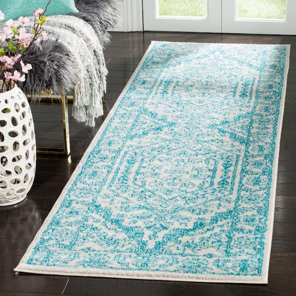 Adirondack Ivory/Teal 3 ft. x 8 ft. Border Medallion Runner Rug
