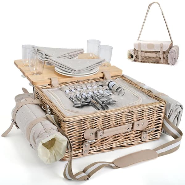 21L Wicker Picnic Basket Set for 4 with Insulated Liner, Blanket and Detachable Picnic Table