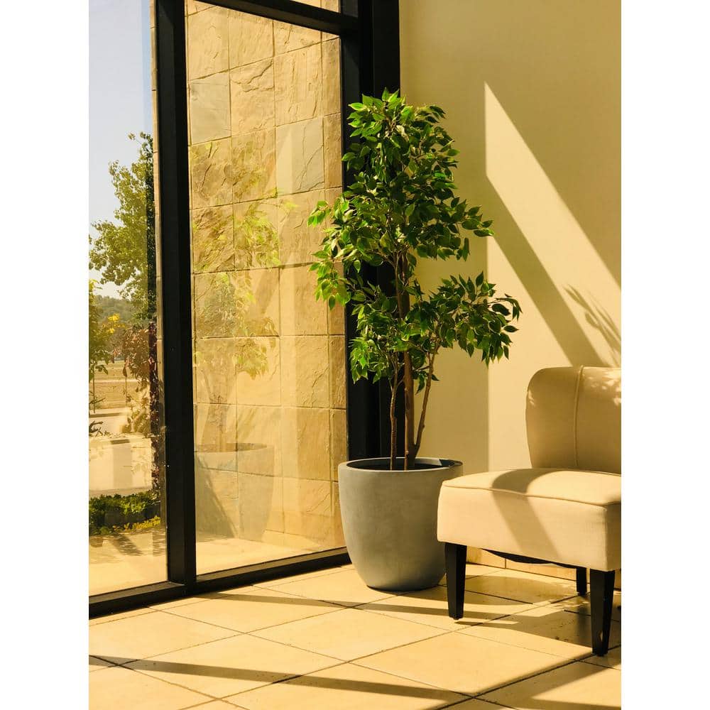 Slate Gray Round Lightweight Concrete Planter with Drainage Hole