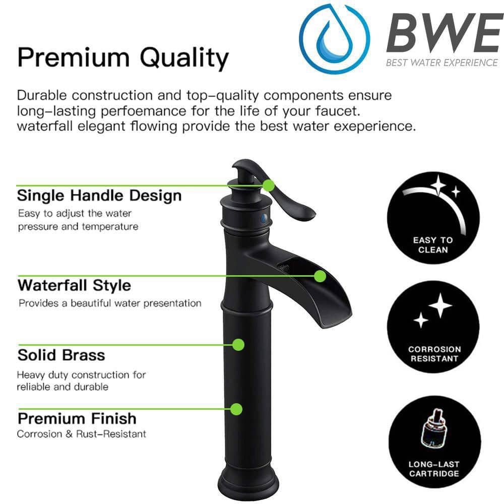 Matte Black Waterfall Single-Handle Vessel Bathroom Faucet with Drain Assembly