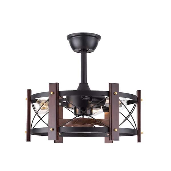 OUKANING 18 in. 4-Light Indoor Industrial Brown Caged Ceiling Fan 7 Blades with Light and Remote