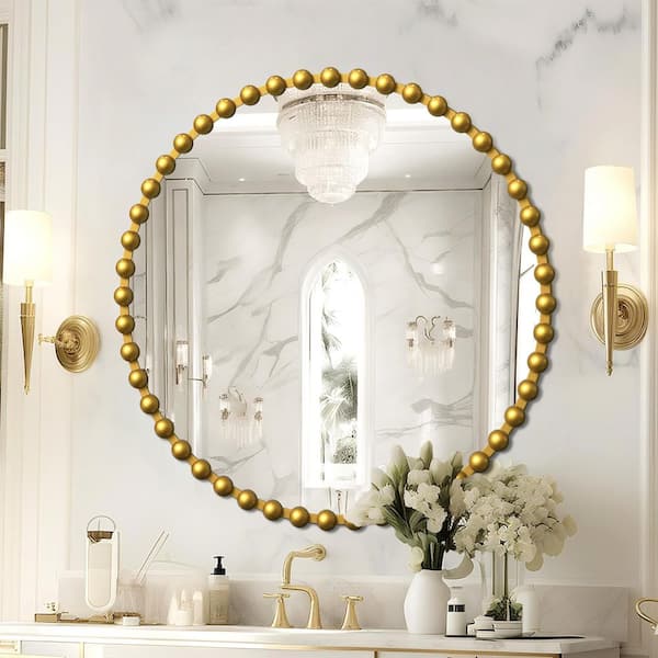 36 in. W x 36 in. H Luxury Round Gold Beaded Metal Frame Decorative Mirror Bathroom Mirror Wall Mirror