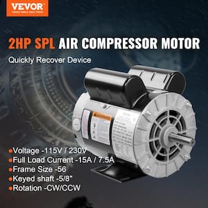 Air Compressor Motor 2HP SPL 5/8 in. Keyed Shaft Electric Motor Single Phase 115/230V 15/7.5A 56HZ Frame CW/CCW Rotation