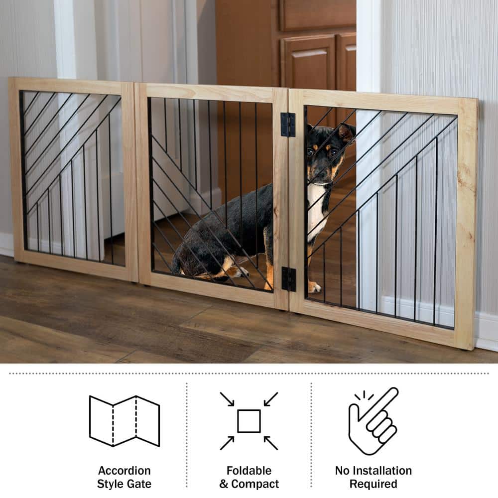 Natural Wood and Black Metal 3-Panel Freestanding Pet Gate