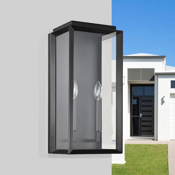 Edvivi 19 in. 2-Light Matte Black Dusk to Dawn Outdoor Wall Sconce with Clear Glass
