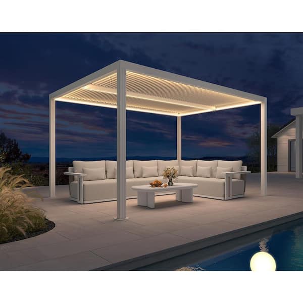 10 ft. x 12 ft. White Aluminum Outdoor Louvered Pergola with Individual Adjustable Sunshade Roofs and LED Lights