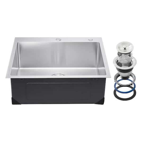 25 in. Kitchen Sink Workstation, 304 Stainless Steel Top Mount, Drop-In Single Bowl Farmhouse Basin with Accessories