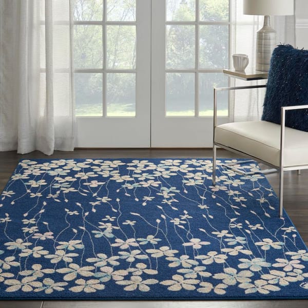 Tranquil Navy Blue 4 ft. x 6 ft. Floral Modern Area Rug