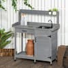 Outsunny Potting Bench Table with Faucet, Sink, Hooks and Storage Cabinet, Outdoor Prep Table Gardening Bench, Patio 845-892V00GY
