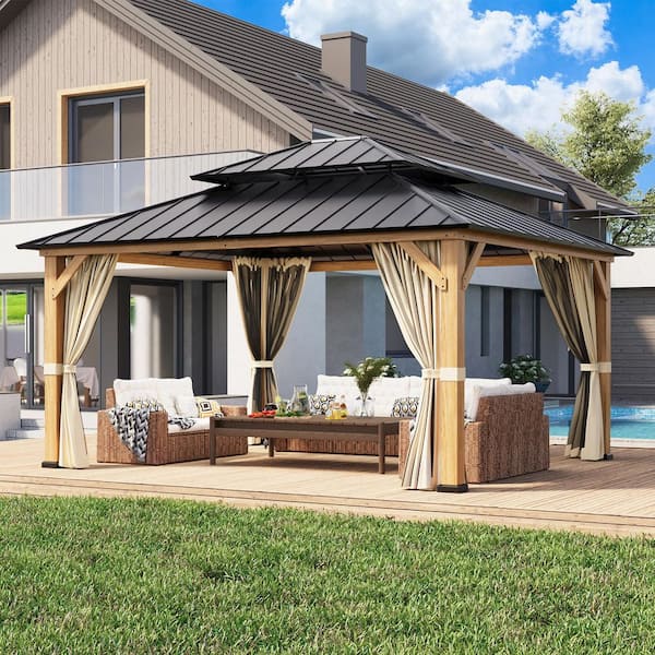 COOS BAY 13 ft. x 15 ft. Double Roof Hardtop Wooden Patio Gazebo