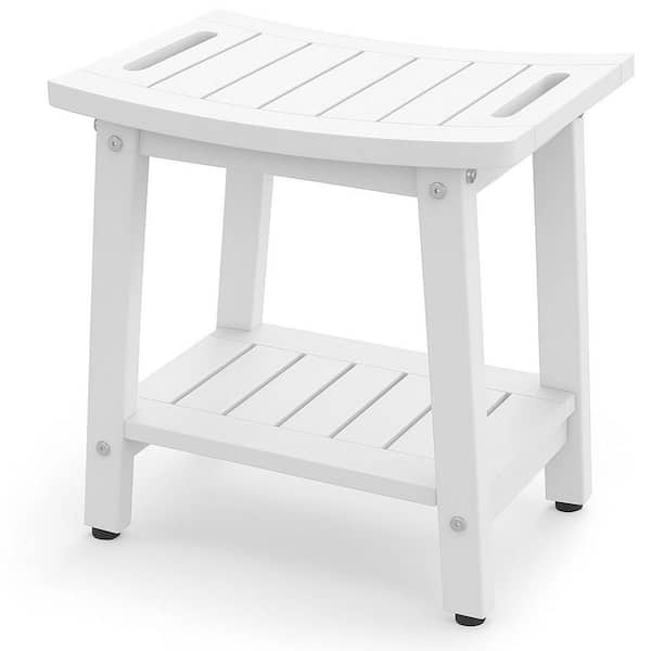 24 in. W Freestanding HDPE Shower Bench with Handle Storage Shelf Adjustable Feet White Finish