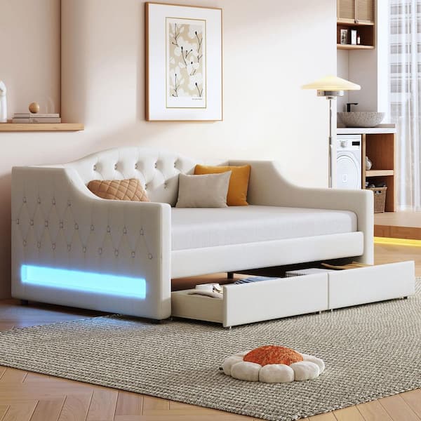 Beige Twin XL Size Upholstered Daybed with LED Belt and 2 Drawers