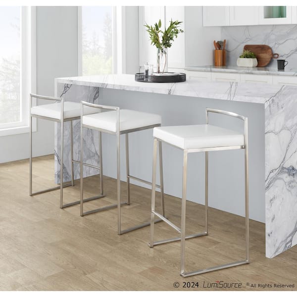 Lumisource Fuji 27.75 in. White Faux Leather and Stainless Steel Stackable Counter Stool (Set of 3)