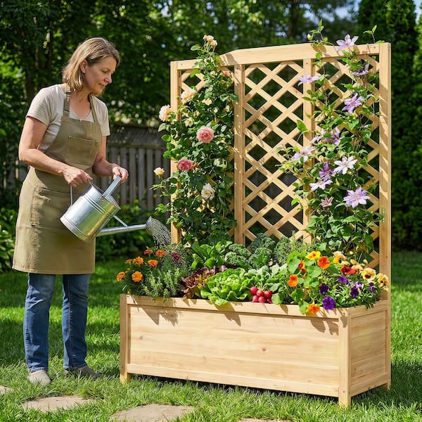 44 in. L x 16 in. W x 59 in. H Raised Garden Bed with Trellis Wood Elevated Planter Box Privacy Screen with Garden Box