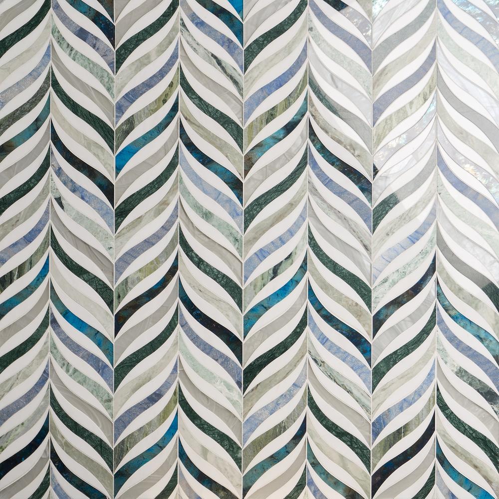 Verde Azul Green Polished Marble and Glass Mosaic Wall Tile