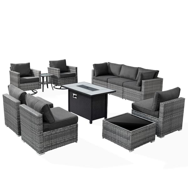 Sanibel Gray 11-Piece Wicker Patio Conversation Fire Pit Sectional Sofa Set with Swivel Chairs and Black Cushions